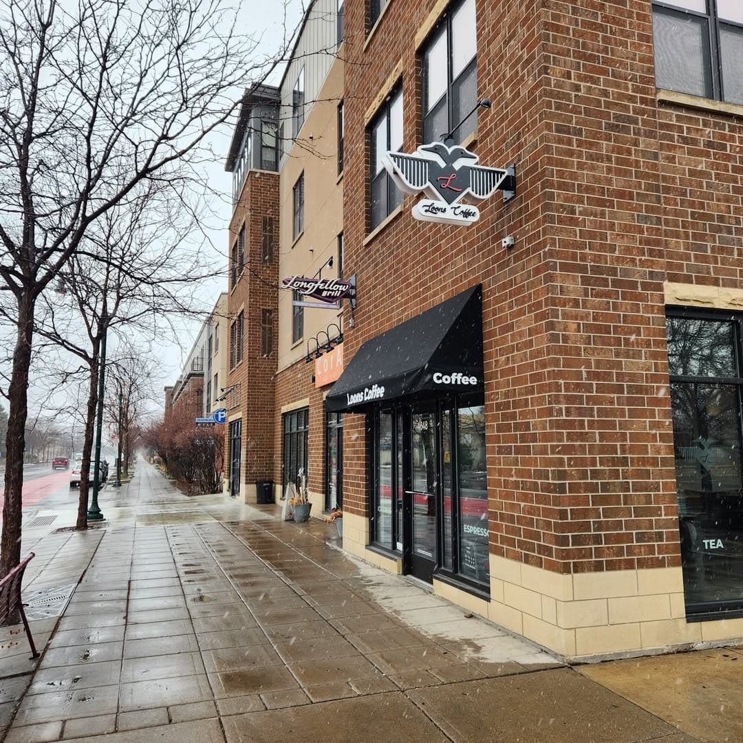 Loons Coffee storefront on East Lake Street on a snowy morning